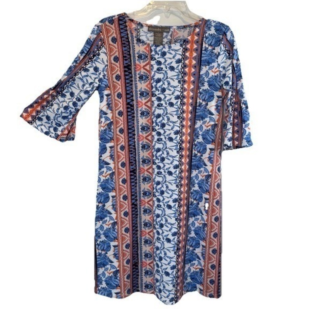 Alexandra + Oak Dress Womens Small Blue Orange Floral Boho Split Bell Sleeve
